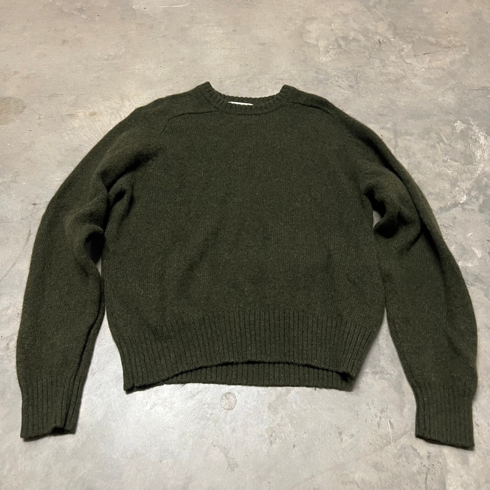 Heather & Tweed Mens Large Shetland Wool Sweater Olive Green Crew Neck RN 75343